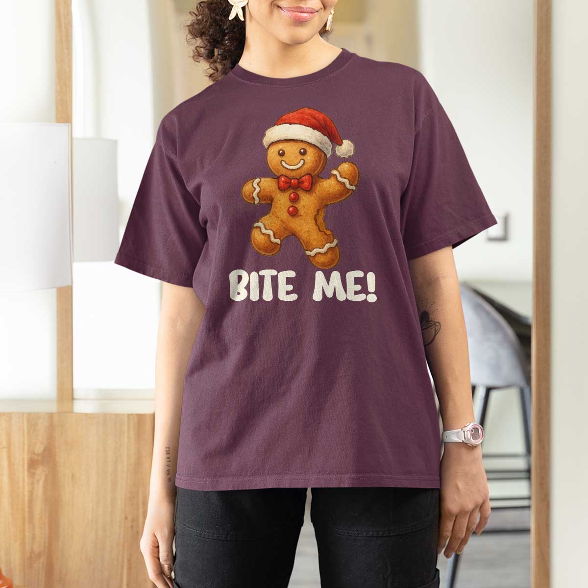 Funny Xmas Gingerbread Man T Shirt For Women Cookie Bite Me - Wonder Print Shop