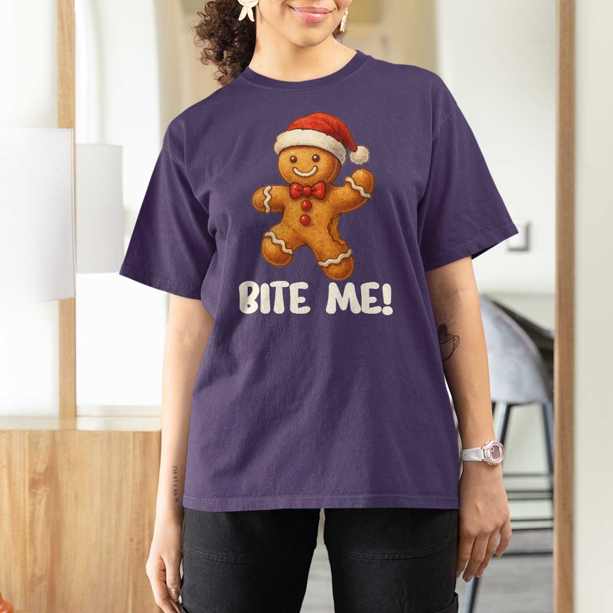 Funny Xmas Gingerbread Man T Shirt For Women Cookie Bite Me - Wonder Print Shop