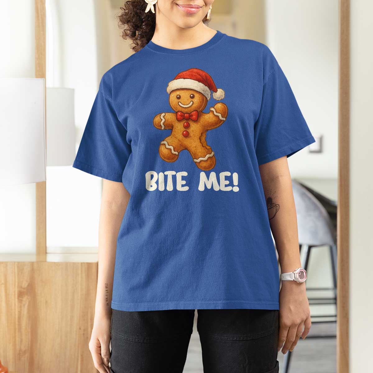 Funny Xmas Gingerbread Man T Shirt For Women Cookie Bite Me - Wonder Print Shop