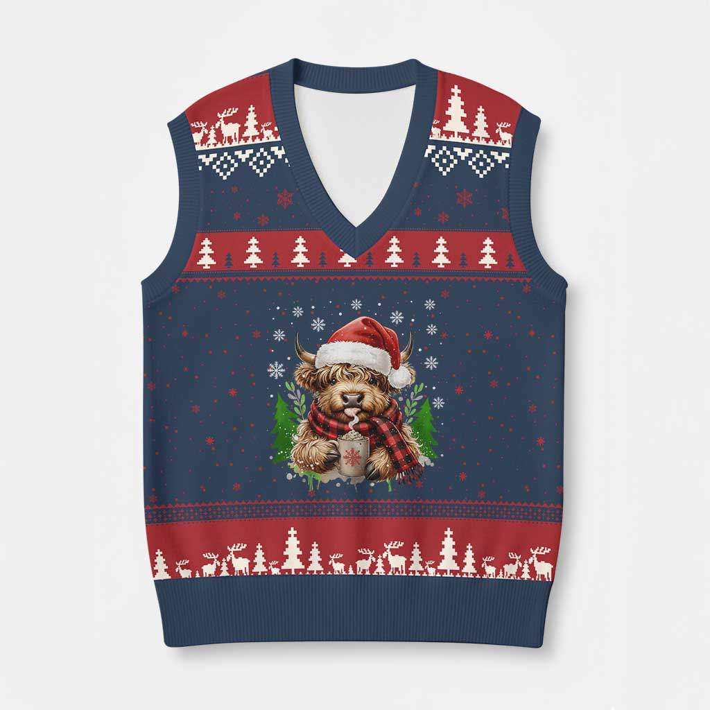 Xmas Cow V-Neck Knit Sweater Vest Funny Highland Cow Western Farmer Gift - Wonder Print Shop