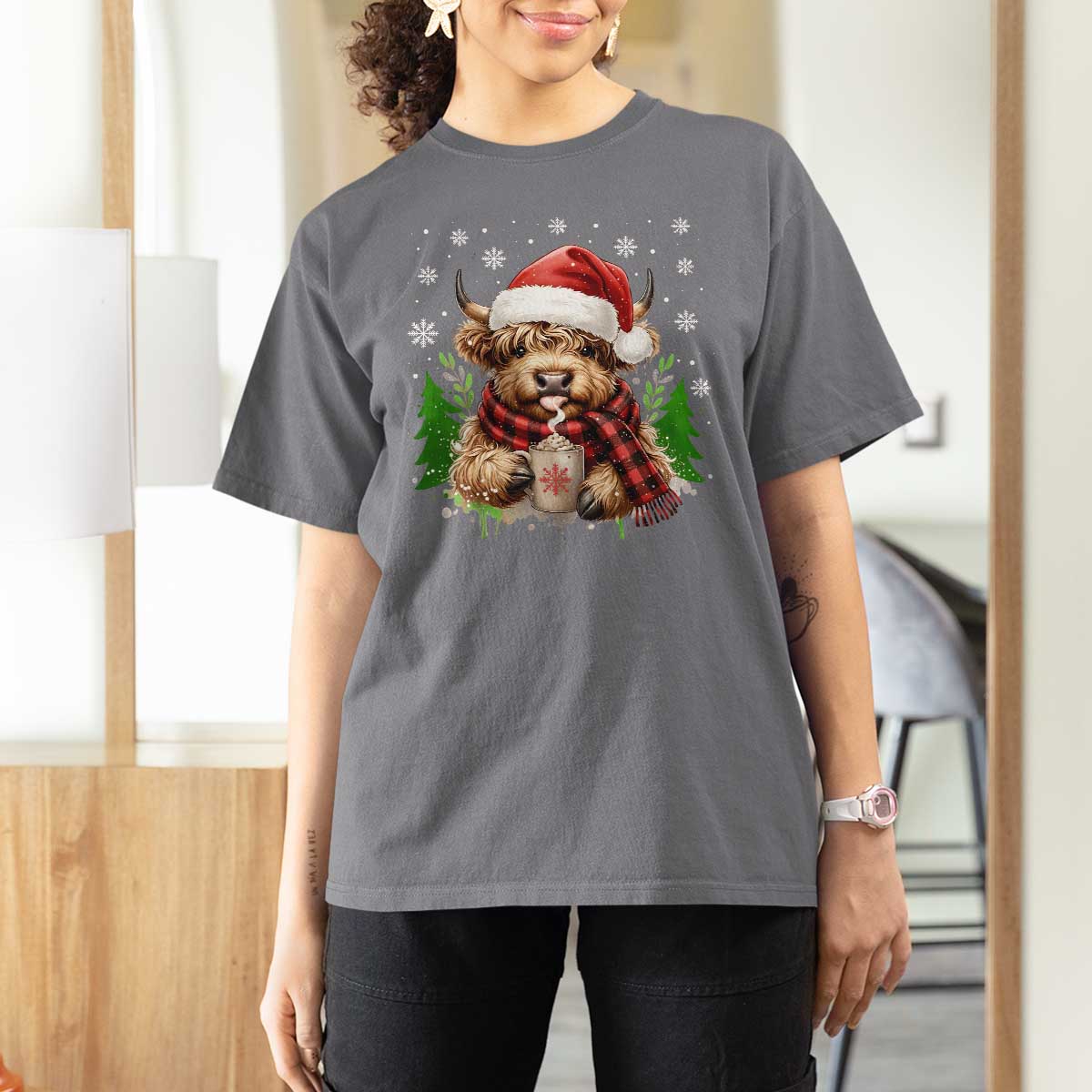 Christmas Cow T Shirt For Women Funny Highland Cow Western Farmer Gift - Wonder Print Shop