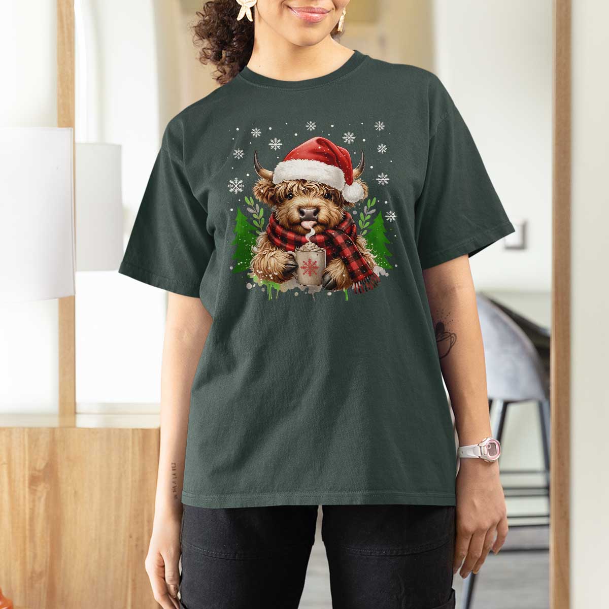 Christmas Cow T Shirt For Women Funny Highland Cow Western Farmer Gift - Wonder Print Shop