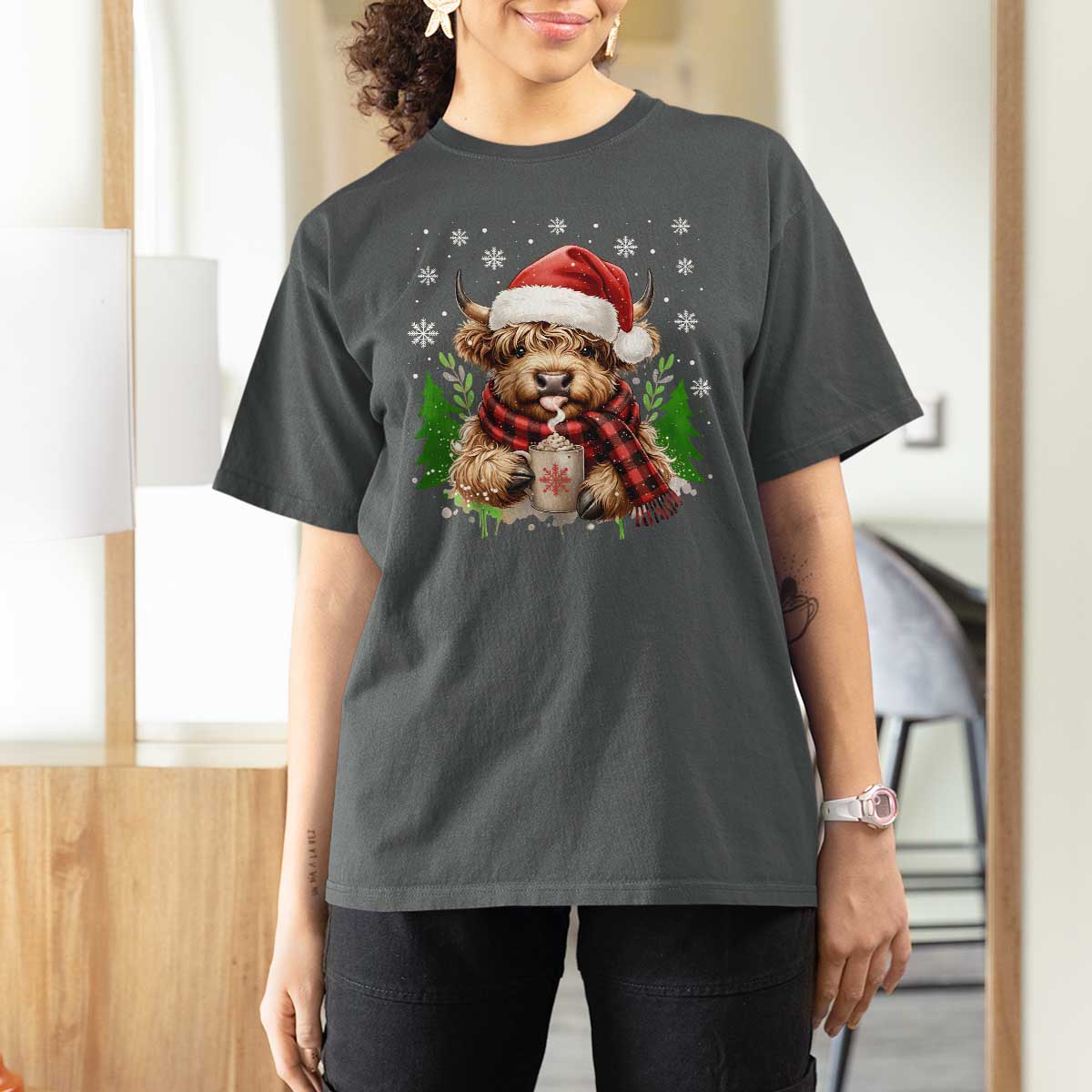 Christmas Cow T Shirt For Women Funny Highland Cow Western Farmer Gift - Wonder Print Shop