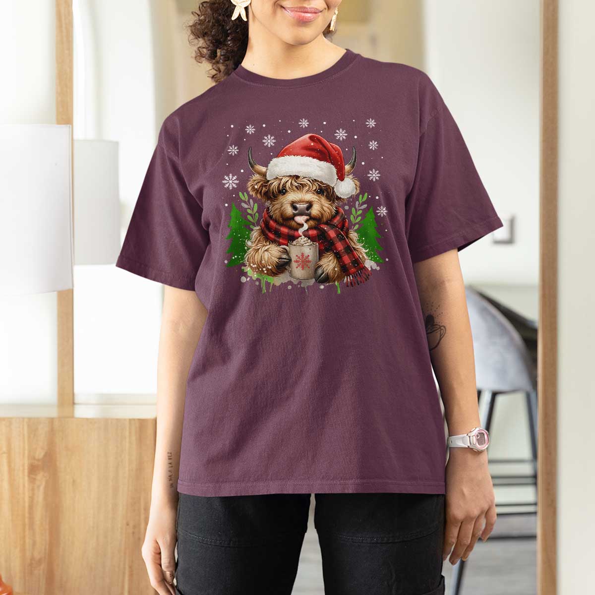 Christmas Cow T Shirt For Women Funny Highland Cow Western Farmer Gift - Wonder Print Shop