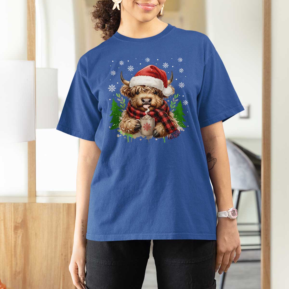 Christmas Cow T Shirt For Women Funny Highland Cow Western Farmer Gift - Wonder Print Shop
