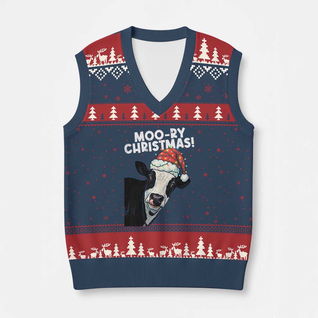 Christmas Cow V-Neck Knit Sweater Vest Funny Moo Ry Xmas Farmer Gift - Wonder Print Shop