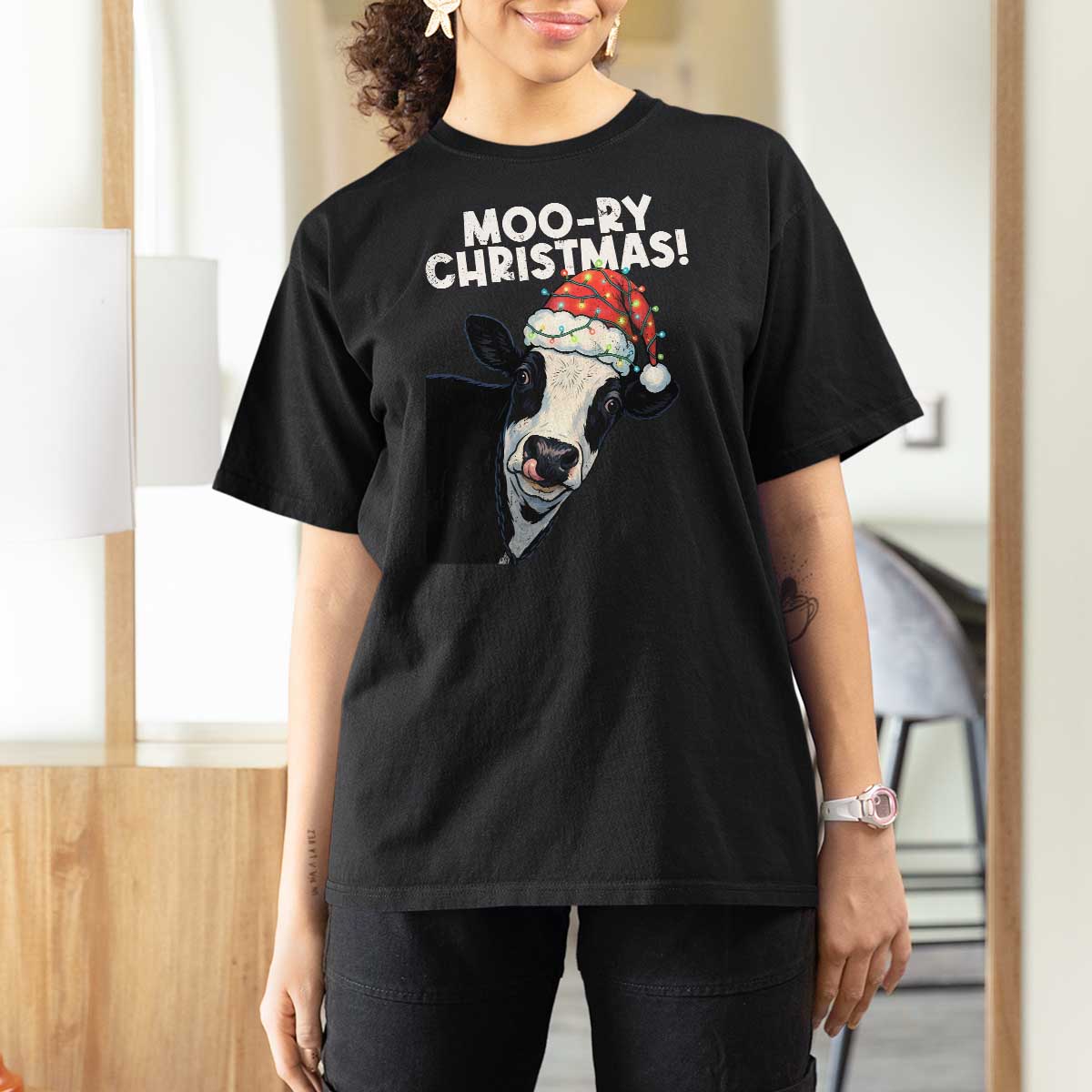 Christmas Cow T Shirt For Women Funny Moo Ry Christmas Farmer Gift - Wonder Print Shop