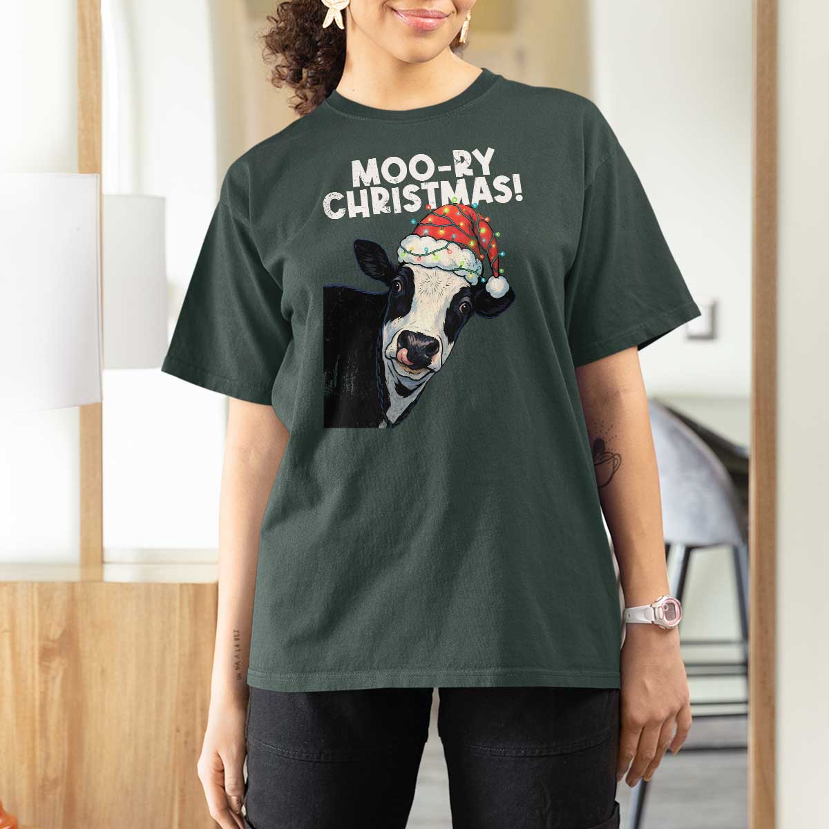 Christmas Cow T Shirt For Women Funny Moo Ry Christmas Farmer Gift - Wonder Print Shop