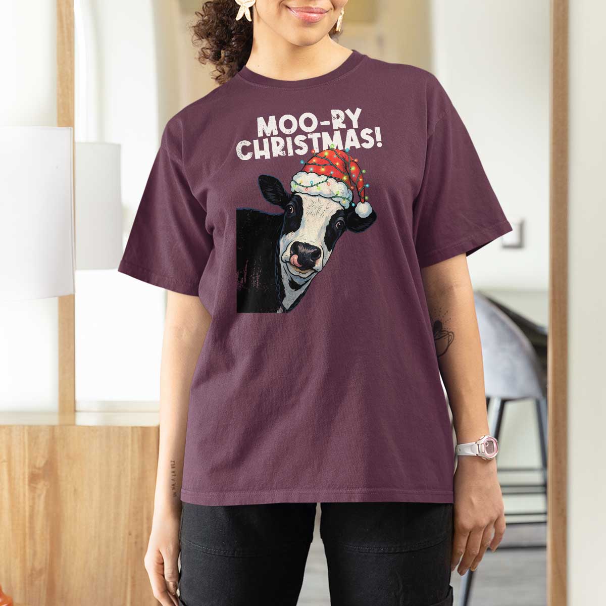 Christmas Cow T Shirt For Women Funny Moo Ry Christmas Farmer Gift - Wonder Print Shop