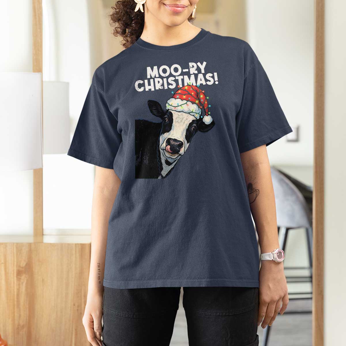 Christmas Cow T Shirt For Women Funny Moo Ry Christmas Farmer Gift - Wonder Print Shop