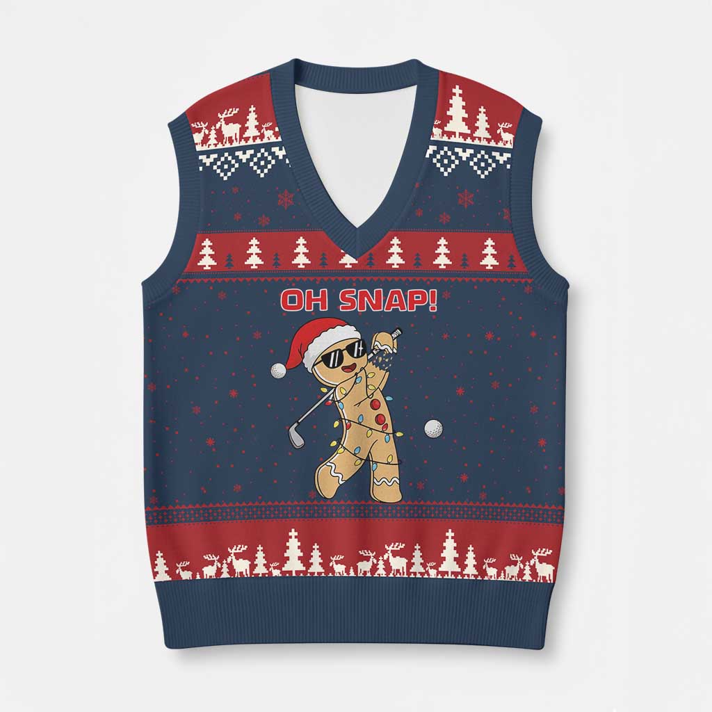 Oh Snap Gingerbreadman Golfer V-Neck Knit Sweater Vest Funny Golf Xmas Golfing Pajamas - Wonder Print Shop