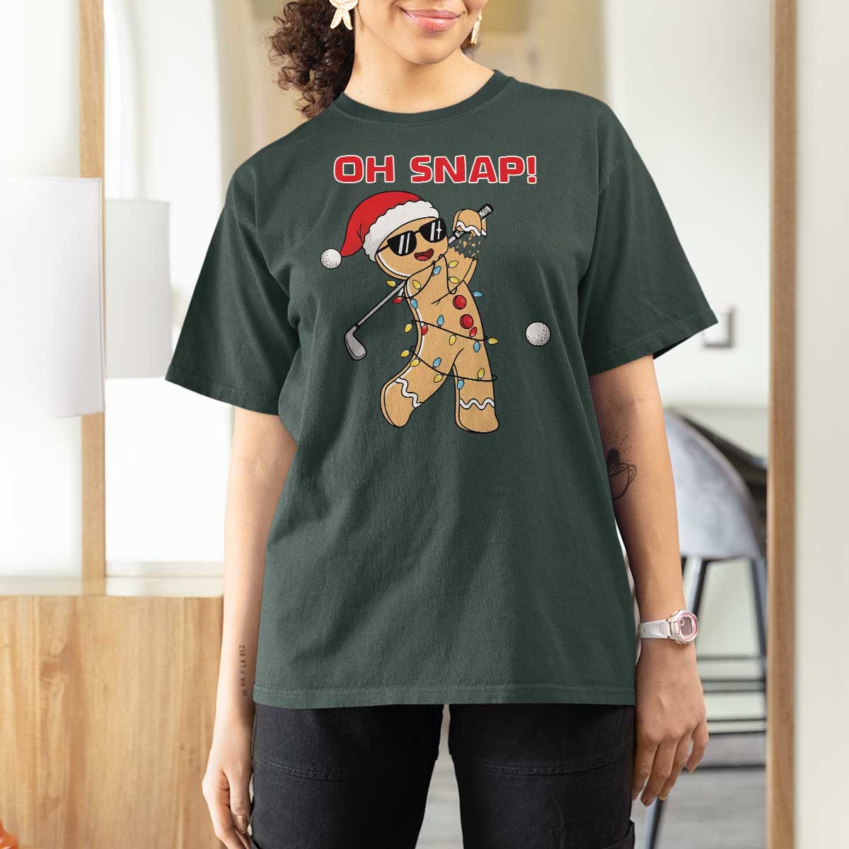 Oh Snap Gingerbreadman Golfer T Shirt For Women Funny Golf Christmas Golfing Pajamas - Wonder Print Shop