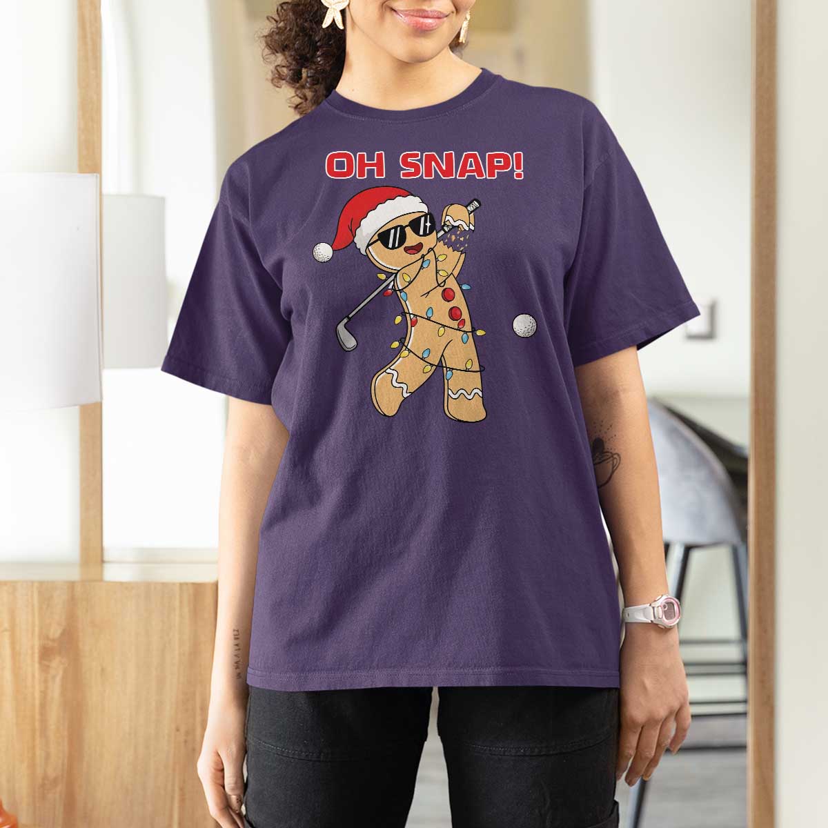 Oh Snap Gingerbreadman Golfer T Shirt For Women Funny Golf Christmas Golfing Pajamas - Wonder Print Shop