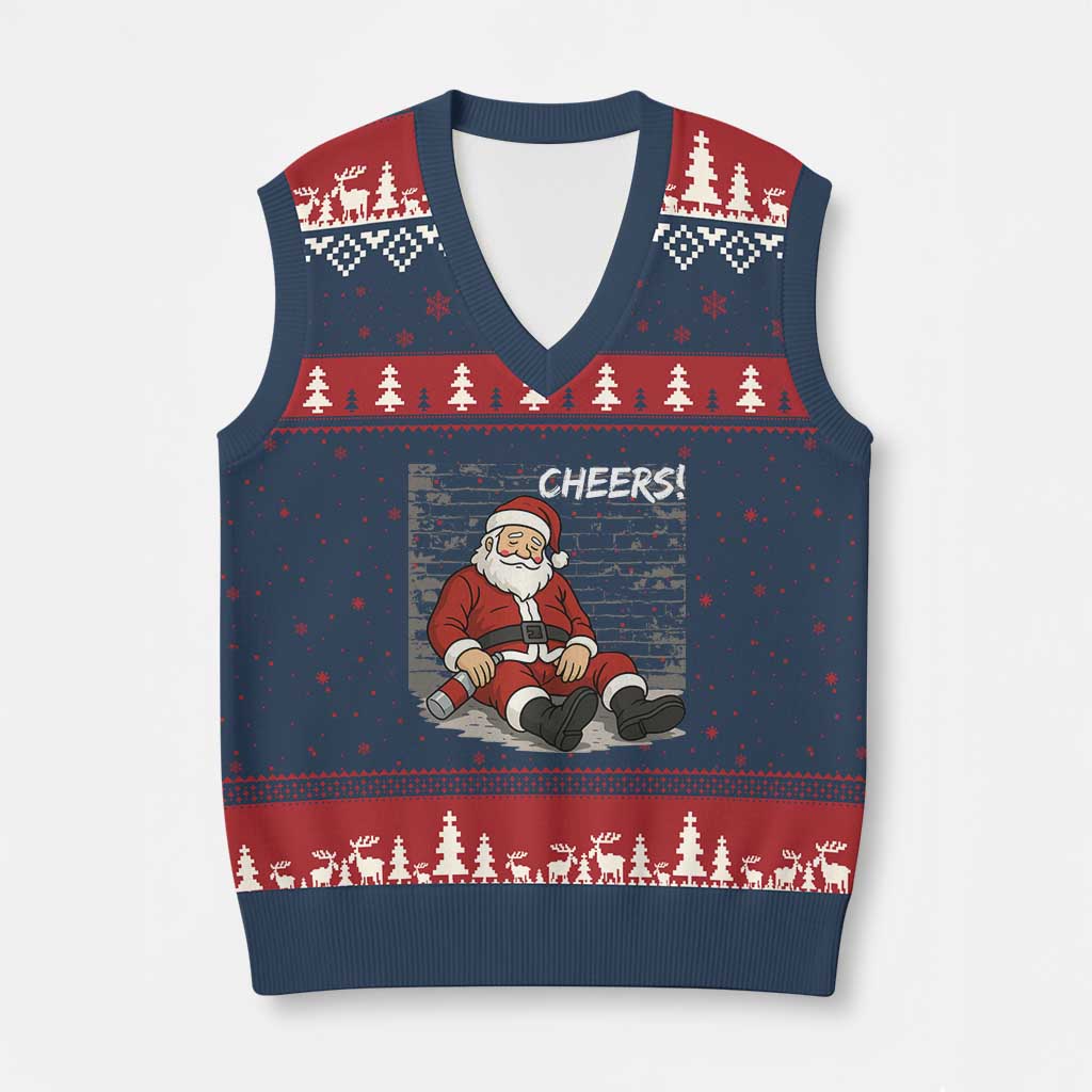 Funny Xmas Santa Claus Drinking Beer V-Neck Knit Sweater Vest Wonderful Time - Wonder Print Shop