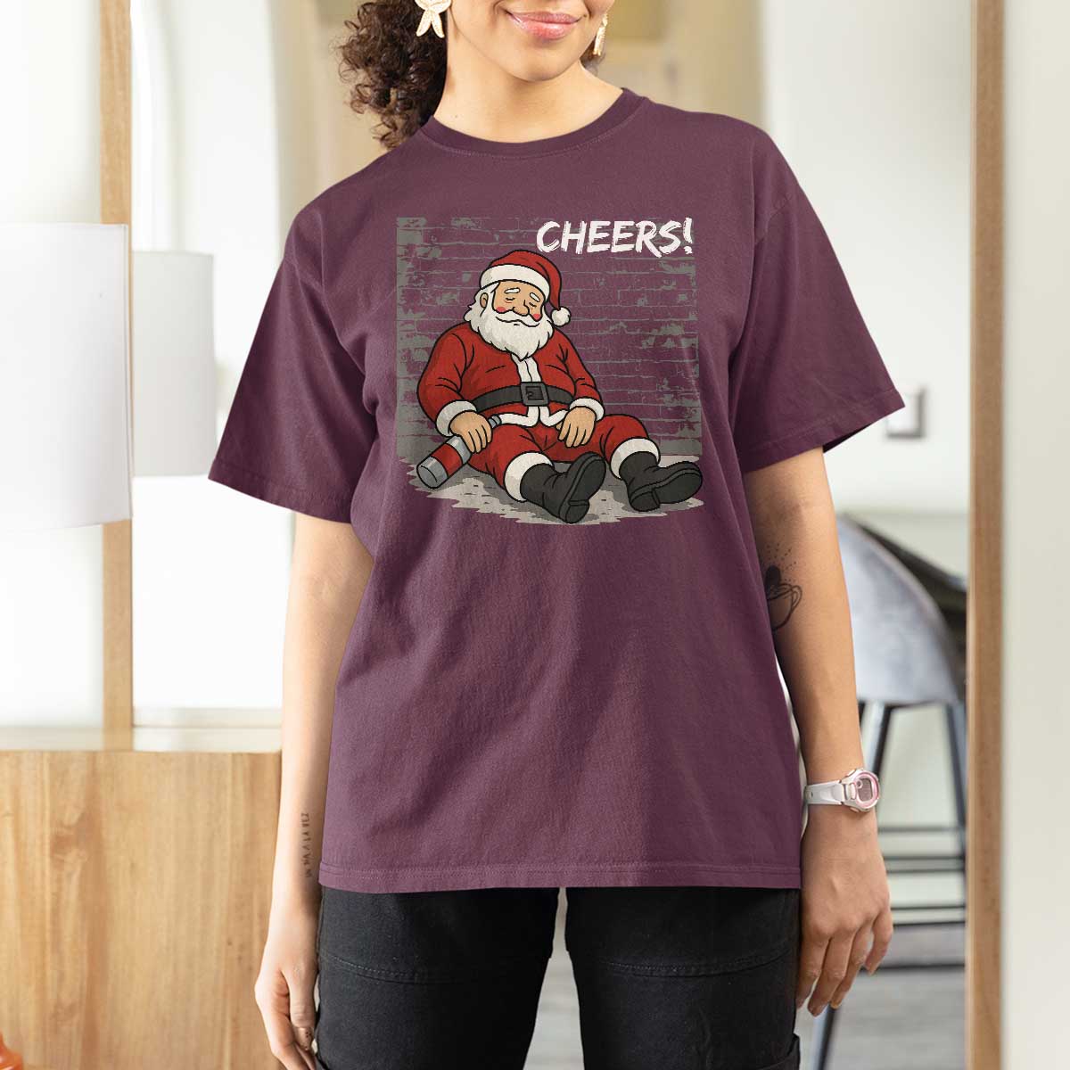 Funny Christmas Santa Claus Drinking Beer T Shirt For Women Wonderful Time - Wonder Print Shop