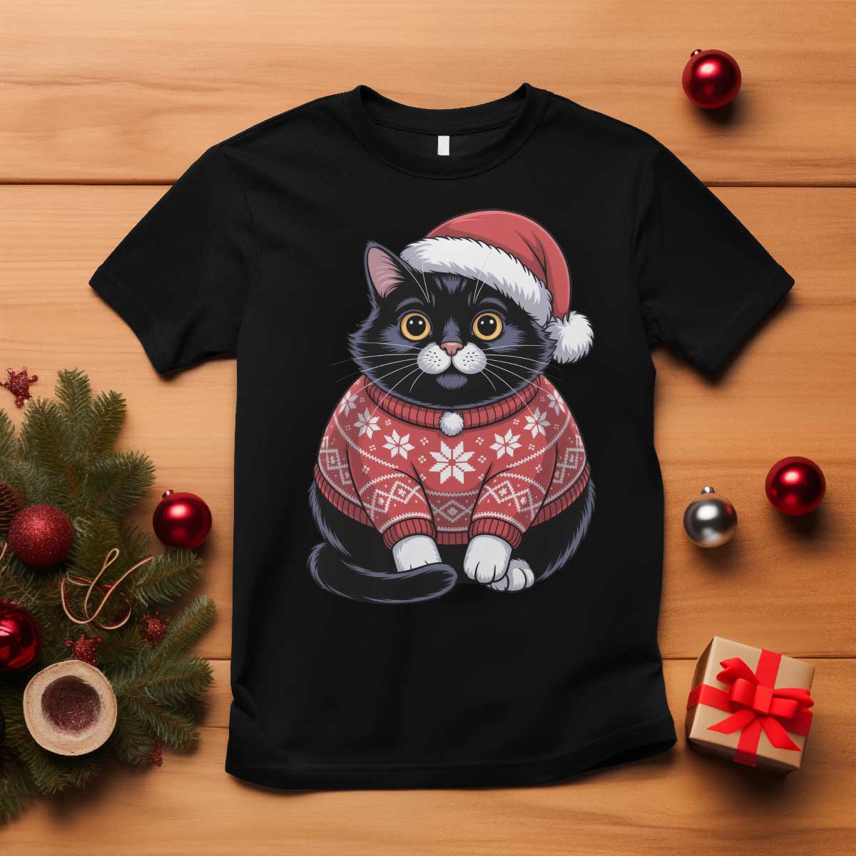 Christmas Black Cat T Shirt Catmas Gift For New Year - Wonder Print Shop