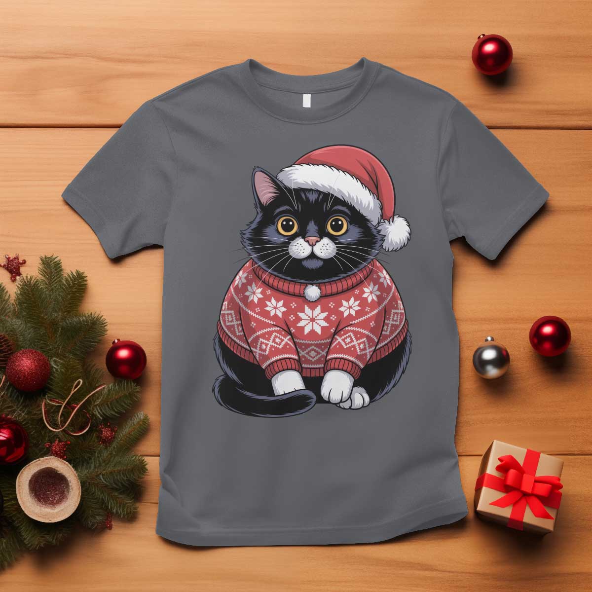 Christmas Black Cat T Shirt Catmas Gift For New Year - Wonder Print Shop
