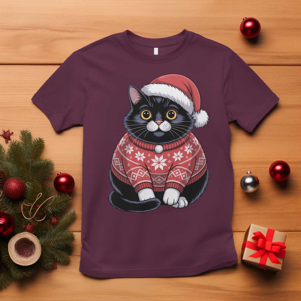 Christmas Black Cat T Shirt Catmas Gift For New Year - Wonder Print Shop