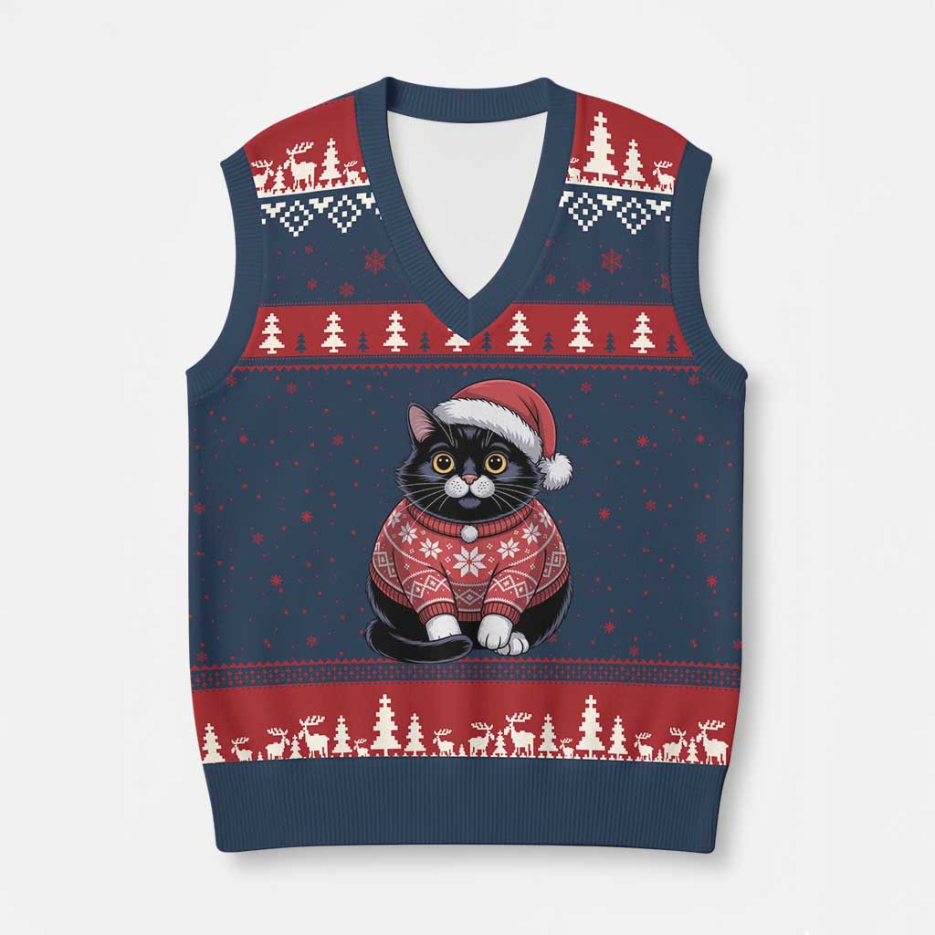 Xmas Black Cat V-Neck Knit Sweater Vest Catmas Gift For New Year - Wonder Print Shop