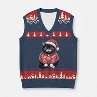Xmas Black Cat V-Neck Knit Sweater Vest Catmas Gift For New Year - Wonder Print Shop