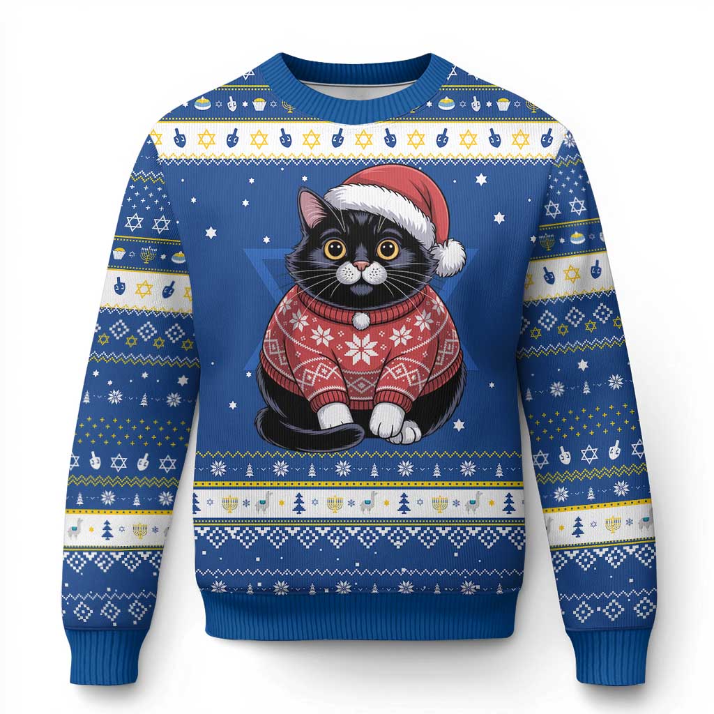 Christmas Black Cat Hanukkah Ugly Sweater Catmas Gift For New Year - Wonder Print Shop