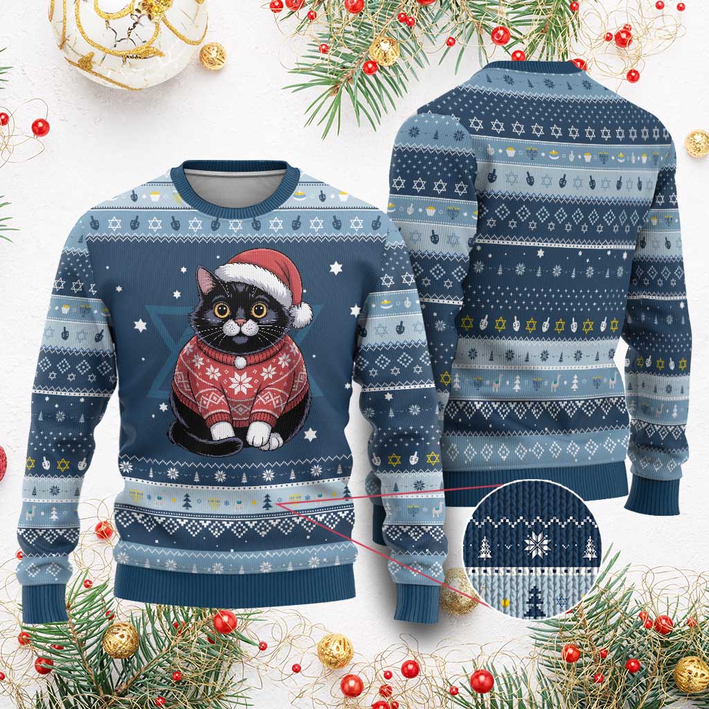Christmas Black Cat Hanukkah Ugly Sweater Catmas Gift For New Year - Wonder Print Shop