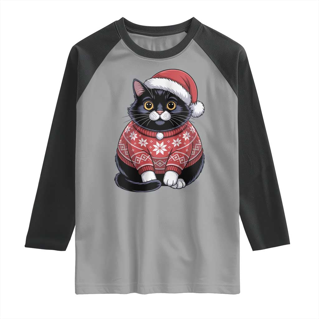 Christmas Black Cat Raglan Shirt Catmas Gift For New Year - Wonder Print Shop