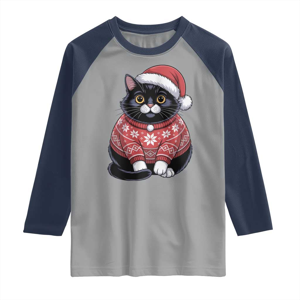 Christmas Black Cat Raglan Shirt Catmas Gift For New Year - Wonder Print Shop