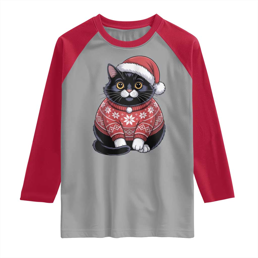 Christmas Black Cat Raglan Shirt Catmas Gift For New Year - Wonder Print Shop