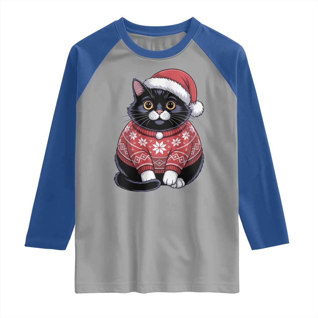 Christmas Black Cat Raglan Shirt Catmas Gift For New Year - Wonder Print Shop