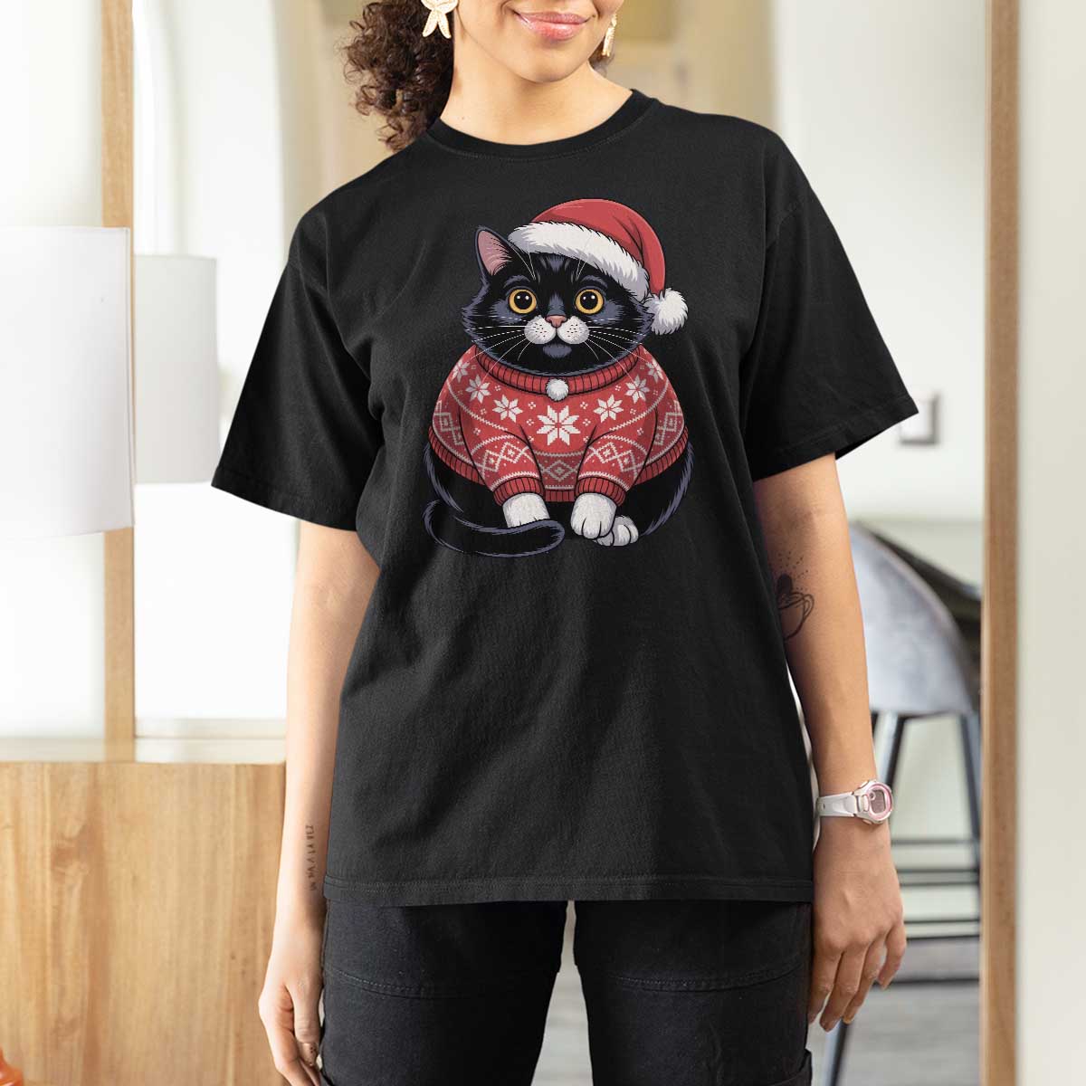 Christmas Black Cat T Shirt For Women Catmas Gift For New Year - Wonder Print Shop