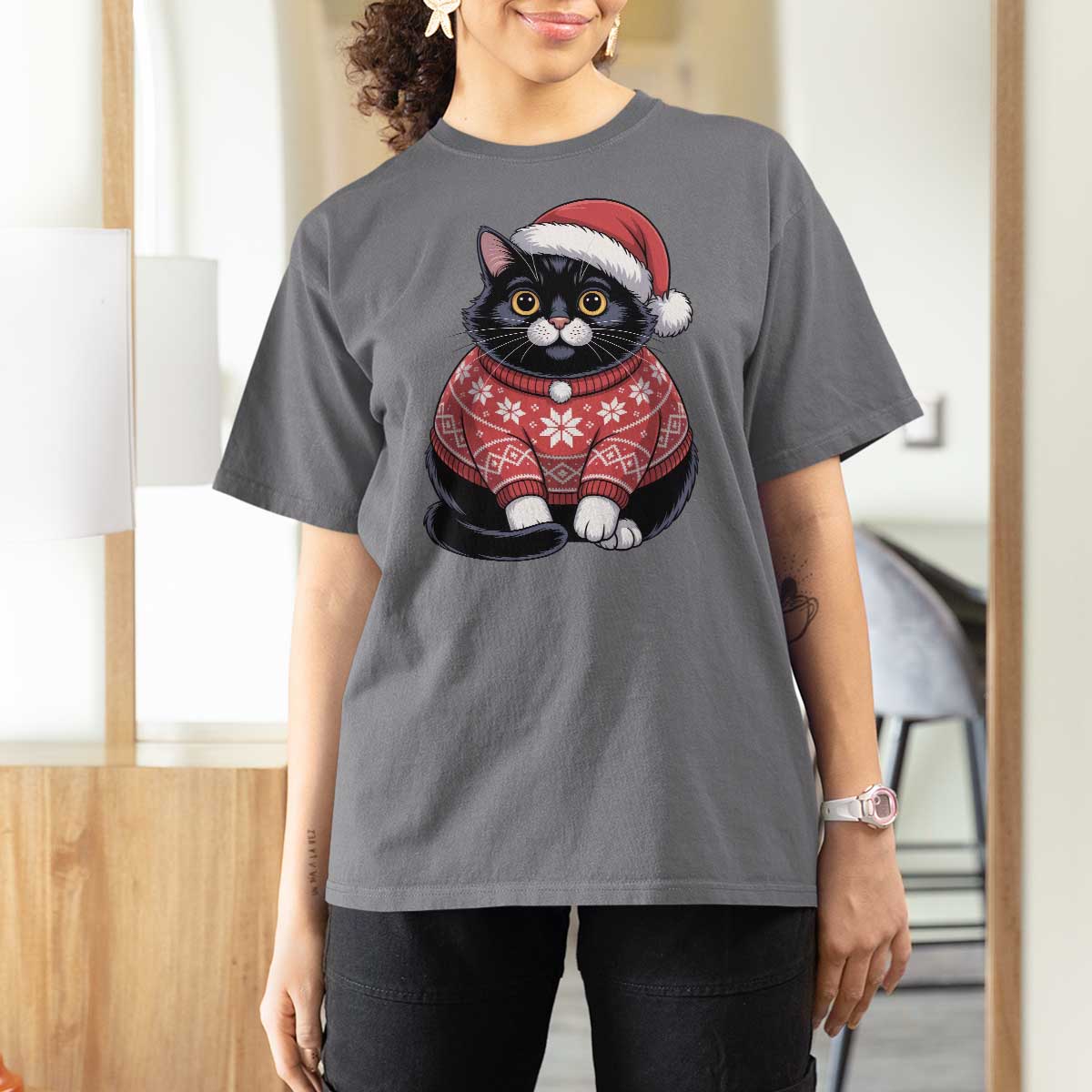 Christmas Black Cat T Shirt For Women Catmas Gift For New Year - Wonder Print Shop