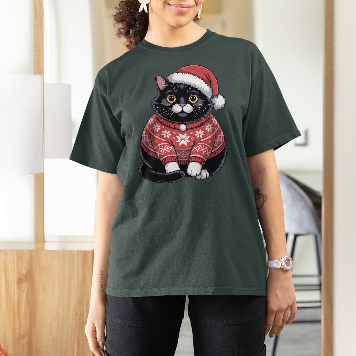 Christmas Black Cat T Shirt For Women Catmas Gift For New Year - Wonder Print Shop
