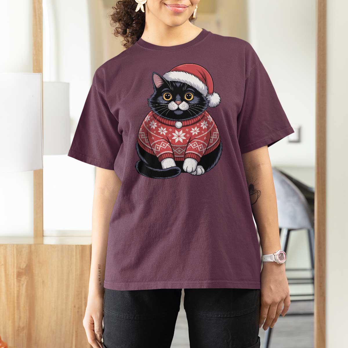 Christmas Black Cat T Shirt For Women Catmas Gift For New Year - Wonder Print Shop