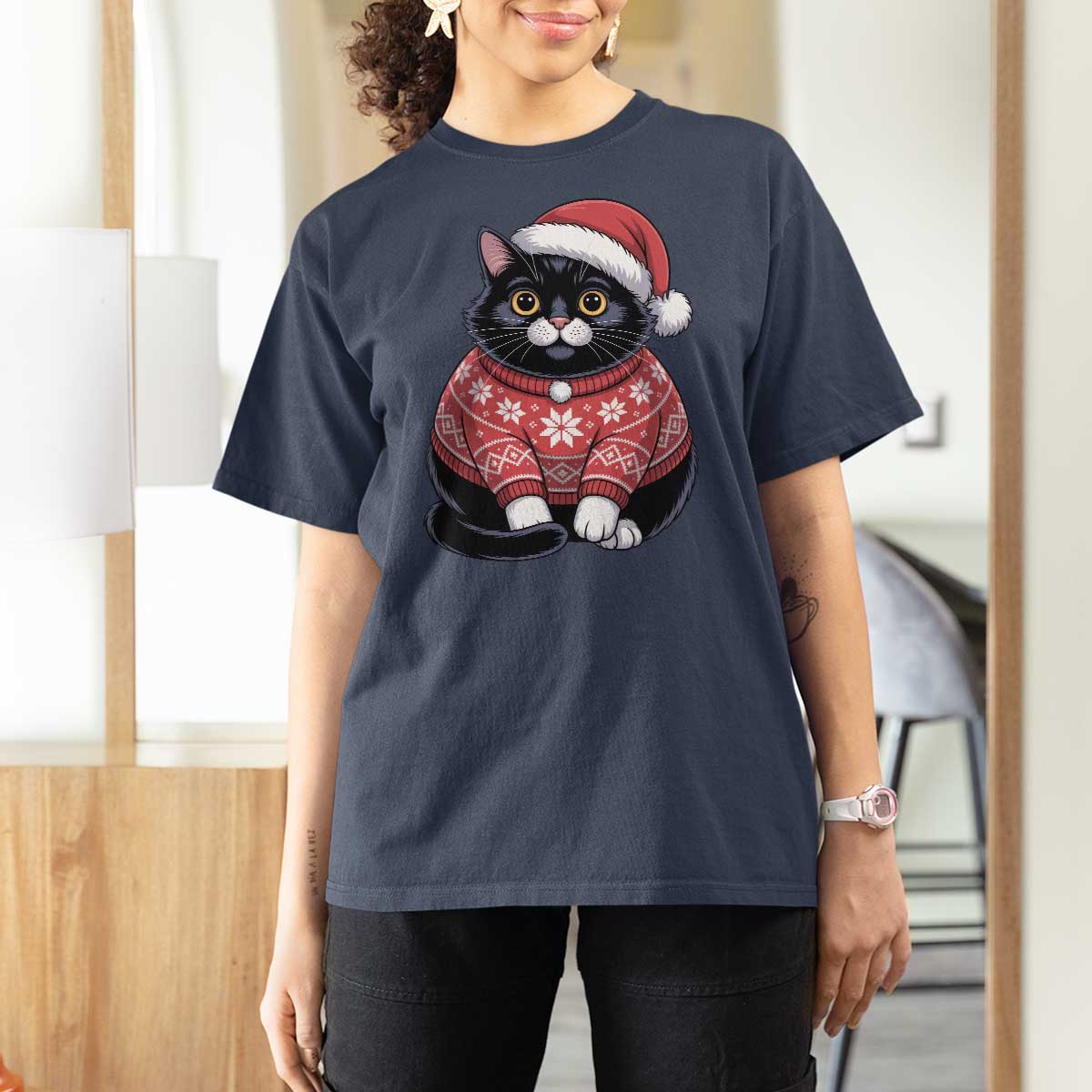 Christmas Black Cat T Shirt For Women Catmas Gift For New Year - Wonder Print Shop