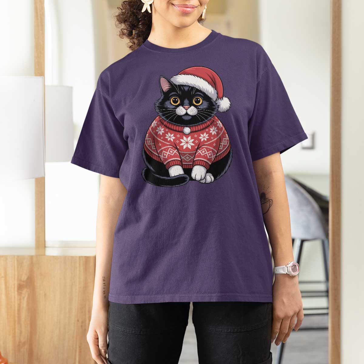 Christmas Black Cat T Shirt For Women Catmas Gift For New Year - Wonder Print Shop