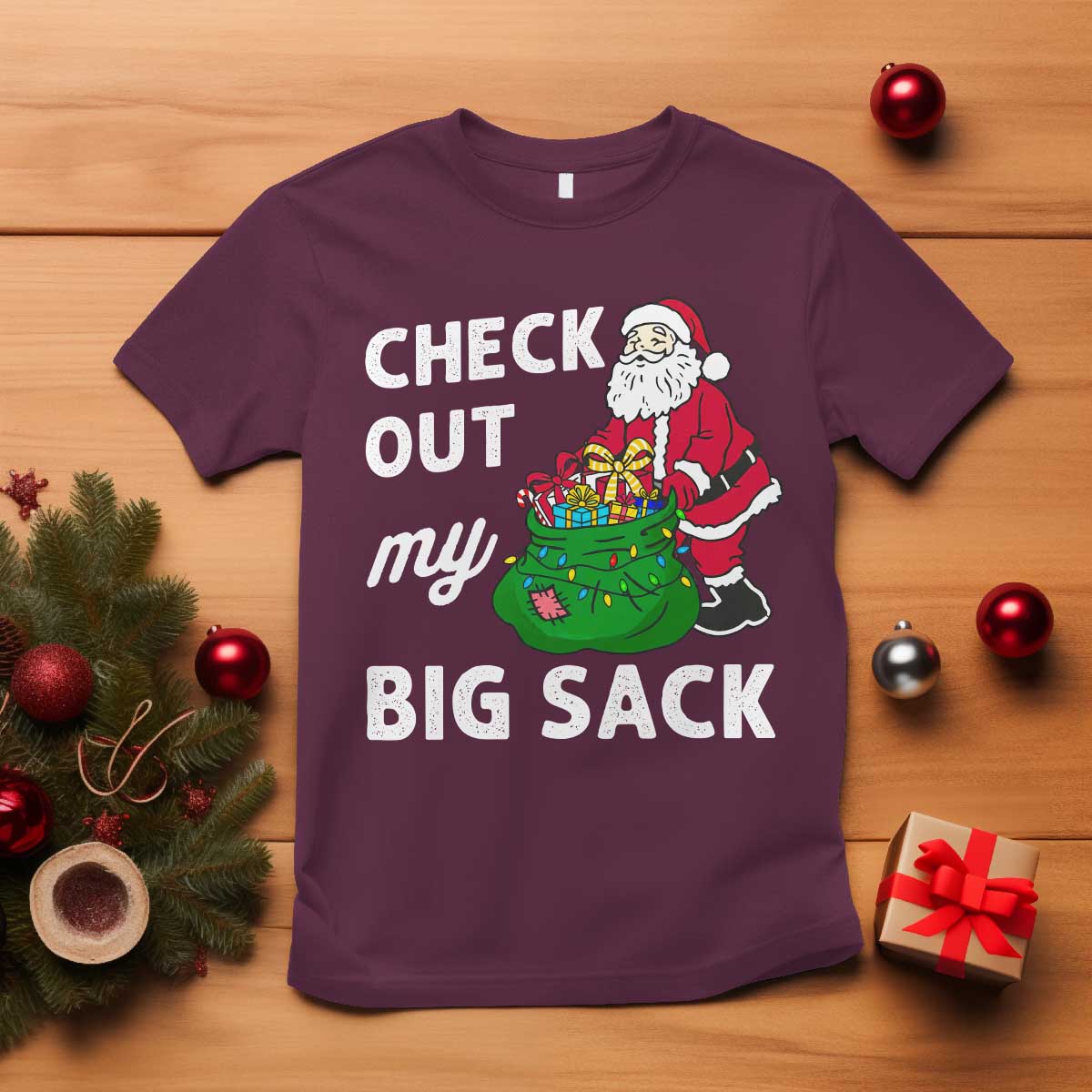 Retro Funny Santa T Shirt Christmas Joke Check Out My Big Sack - Wonder Print Shop