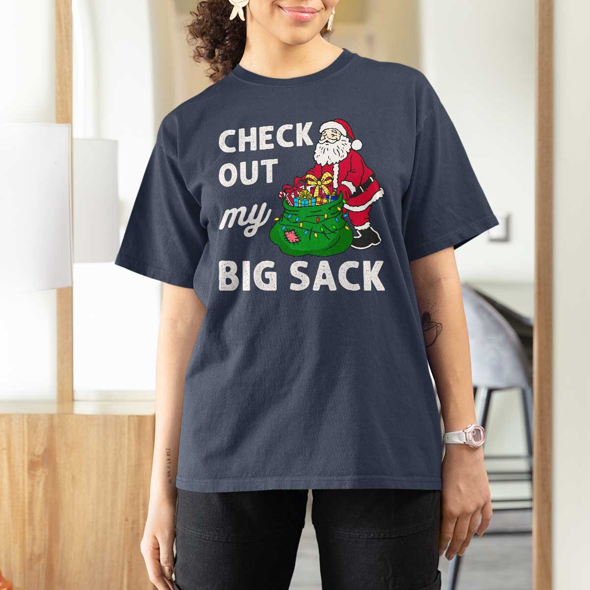 Retro Funny Santa T Shirt For Women Christmas Joke Check Out My Big Sack - Wonder Print Shop