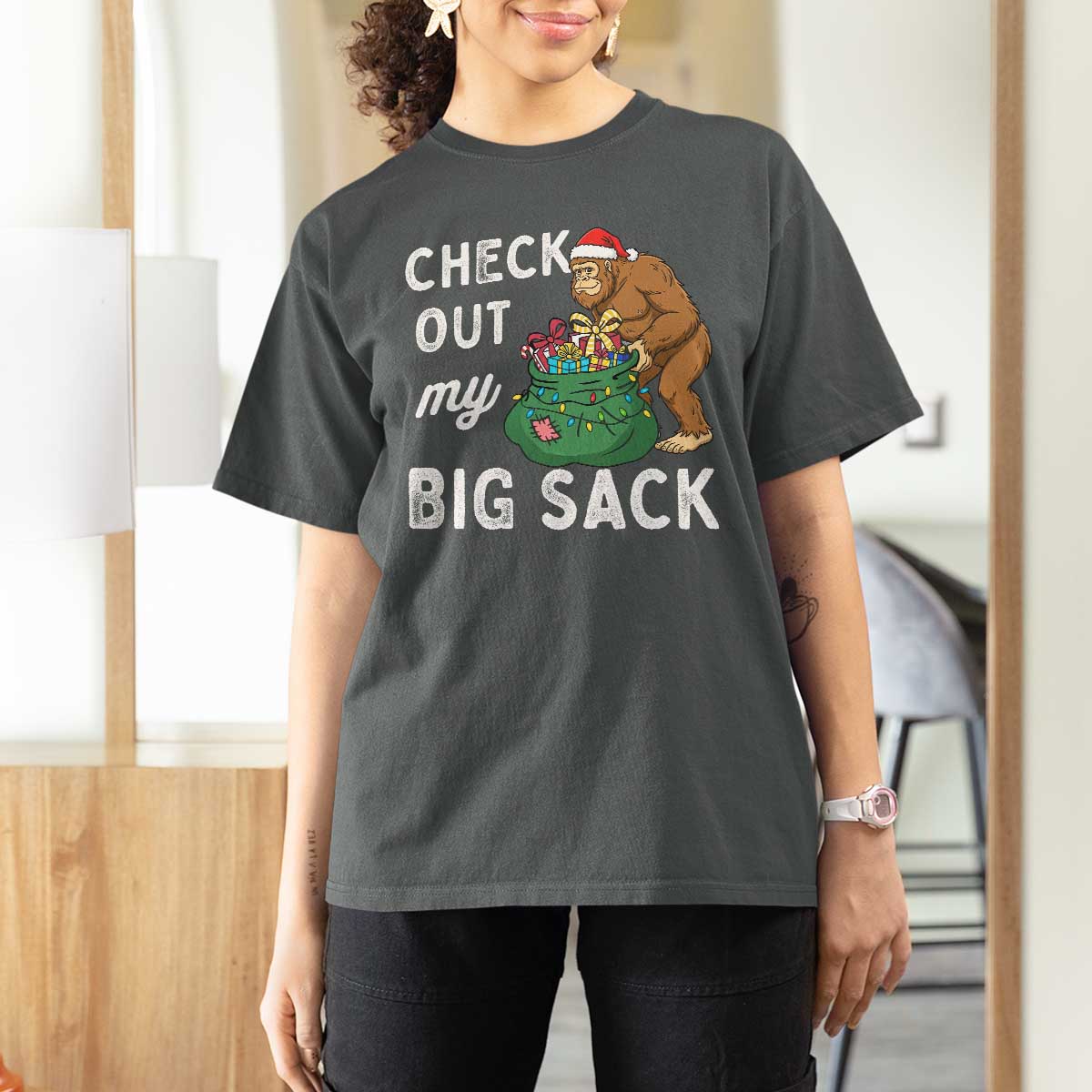 Santa Bigfoot Christmas T Shirt For Women Funny Sasquatch Xmas Joke - Wonder Print Shop
