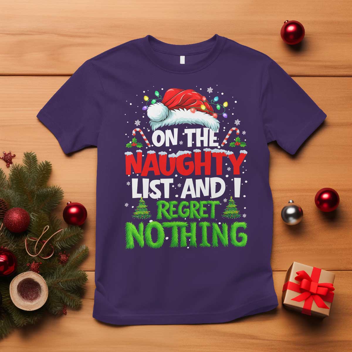 Funny Christmas T Shirt On The Naughty List I Regret Nothing - Wonder Print Shop