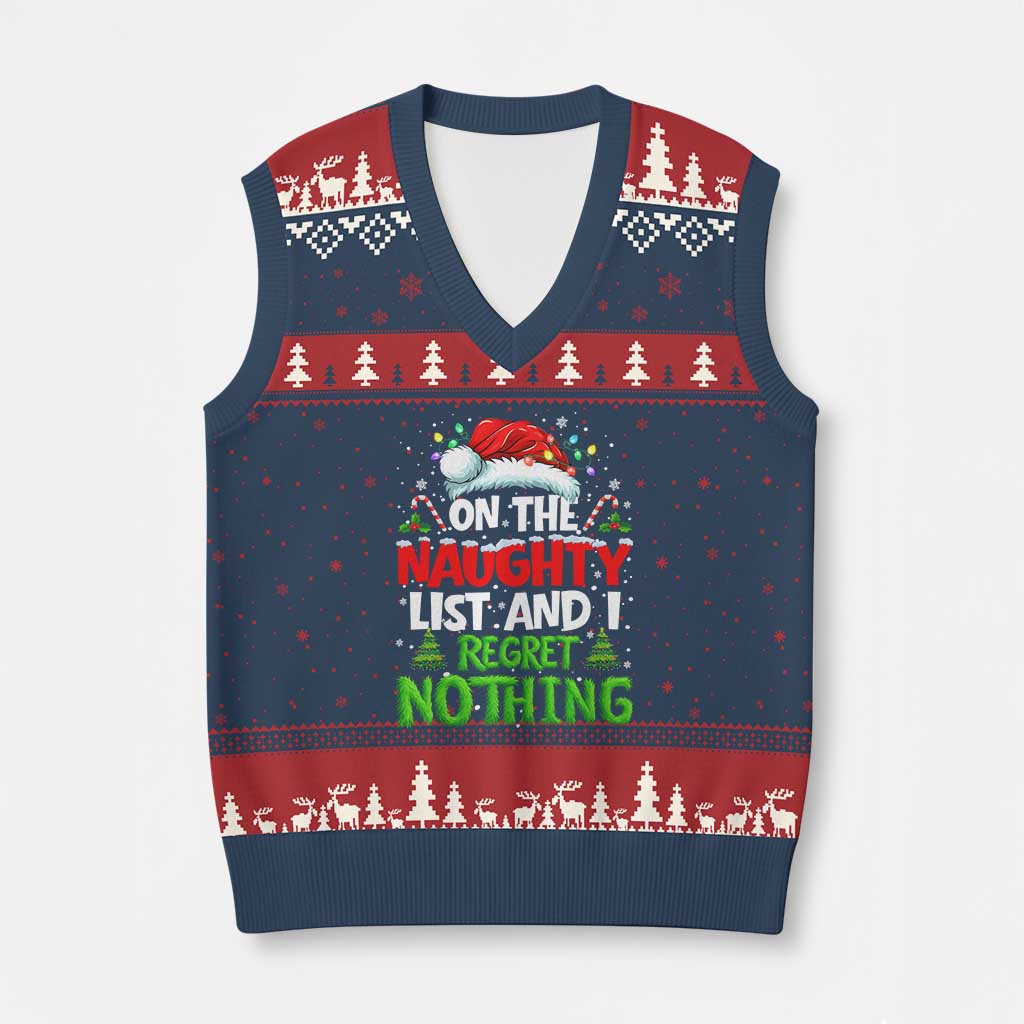 Funny Xmas V-Neck Knit Sweater Vest On The Naughty List I Regret Nothing - Wonder Print Shop