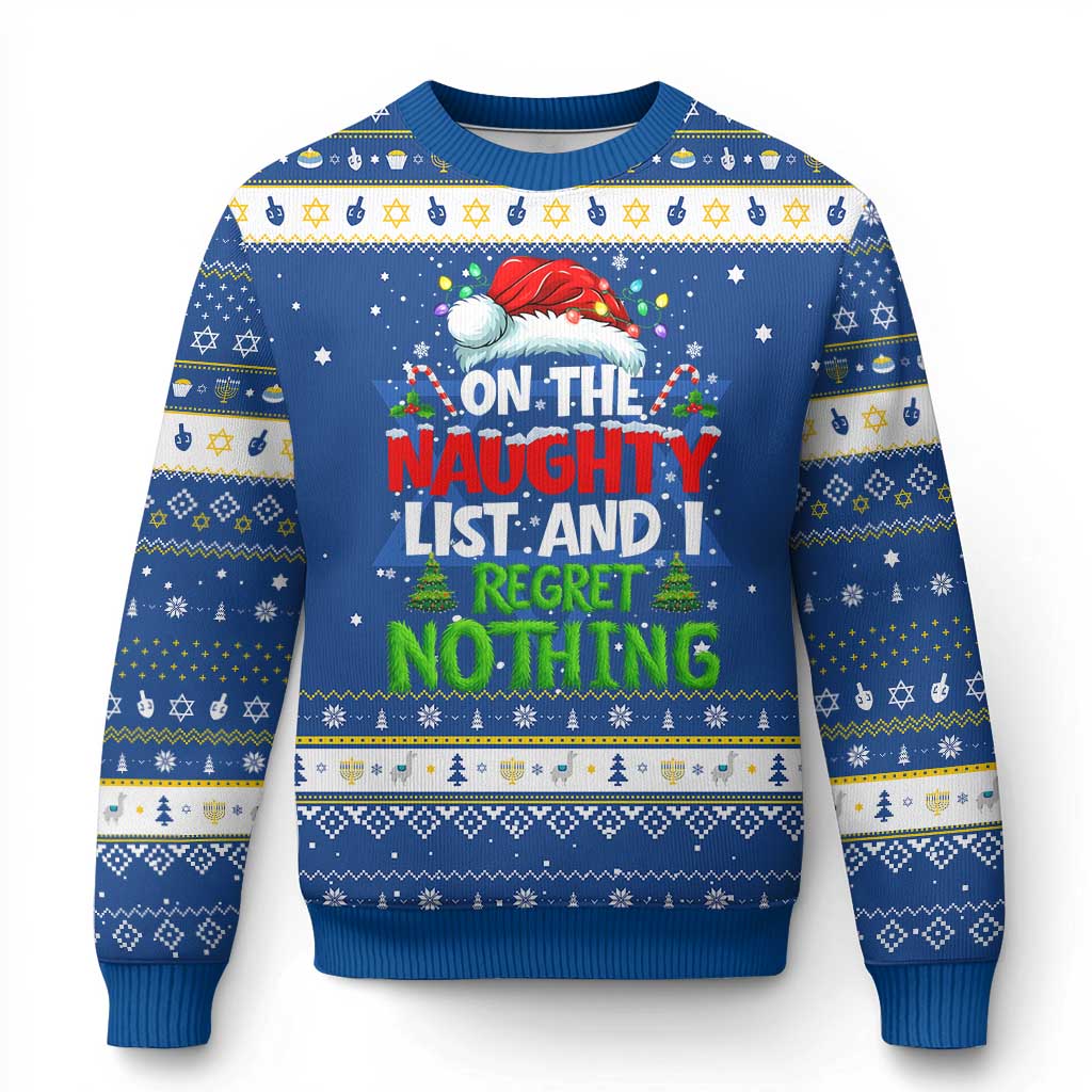 Funny Christmas Hanukkah Ugly Sweater On The Naughty List I Regret Nothing - Wonder Print Shop