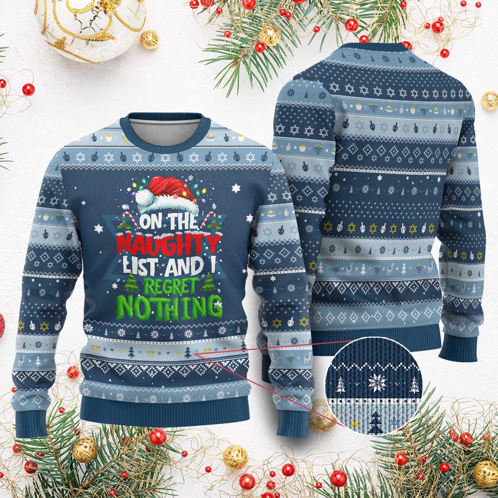 Funny Christmas Hanukkah Ugly Sweater On The Naughty List I Regret Nothing - Wonder Print Shop