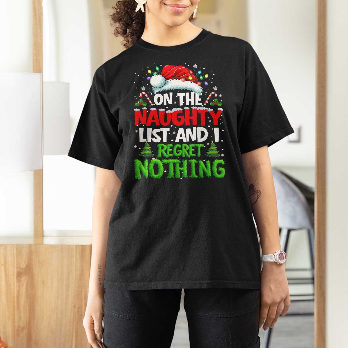 Funny Christmas T Shirt For Women On The Naughty List I Regret Nothing - Wonder Print Shop