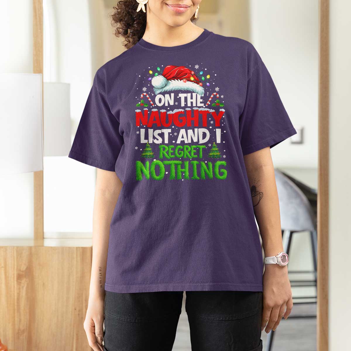 Funny Christmas T Shirt For Women On The Naughty List I Regret Nothing - Wonder Print Shop