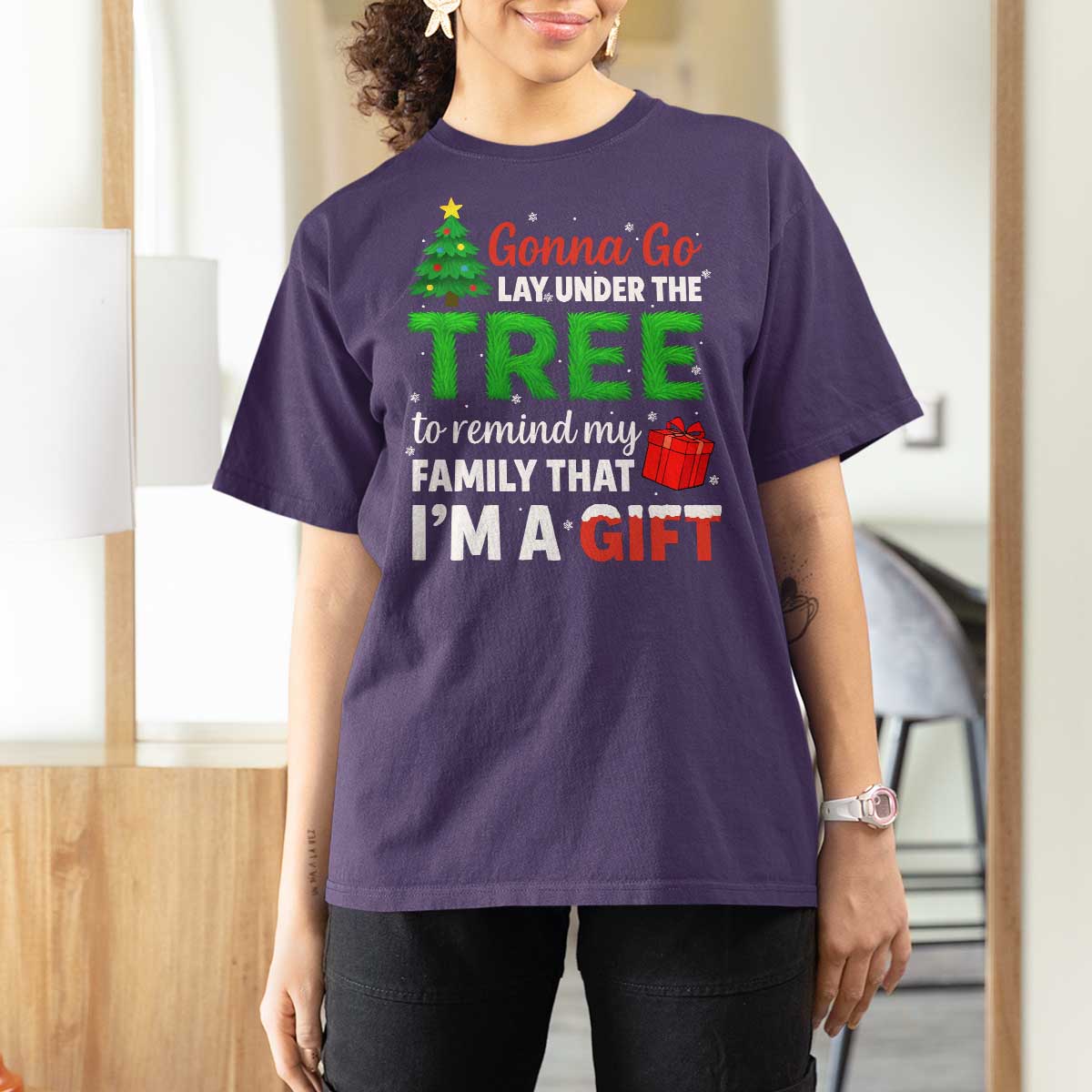 Funny Christmas T Shirt For Women Lay Under The Tree Xmas Family Pajama Gift - Wonder Print Shop