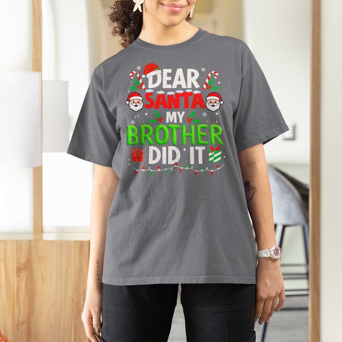 Dear Santa My Brother Did It Funny Christmas T Shirt For Women Boys Girls Kids - Wonder Print Shop