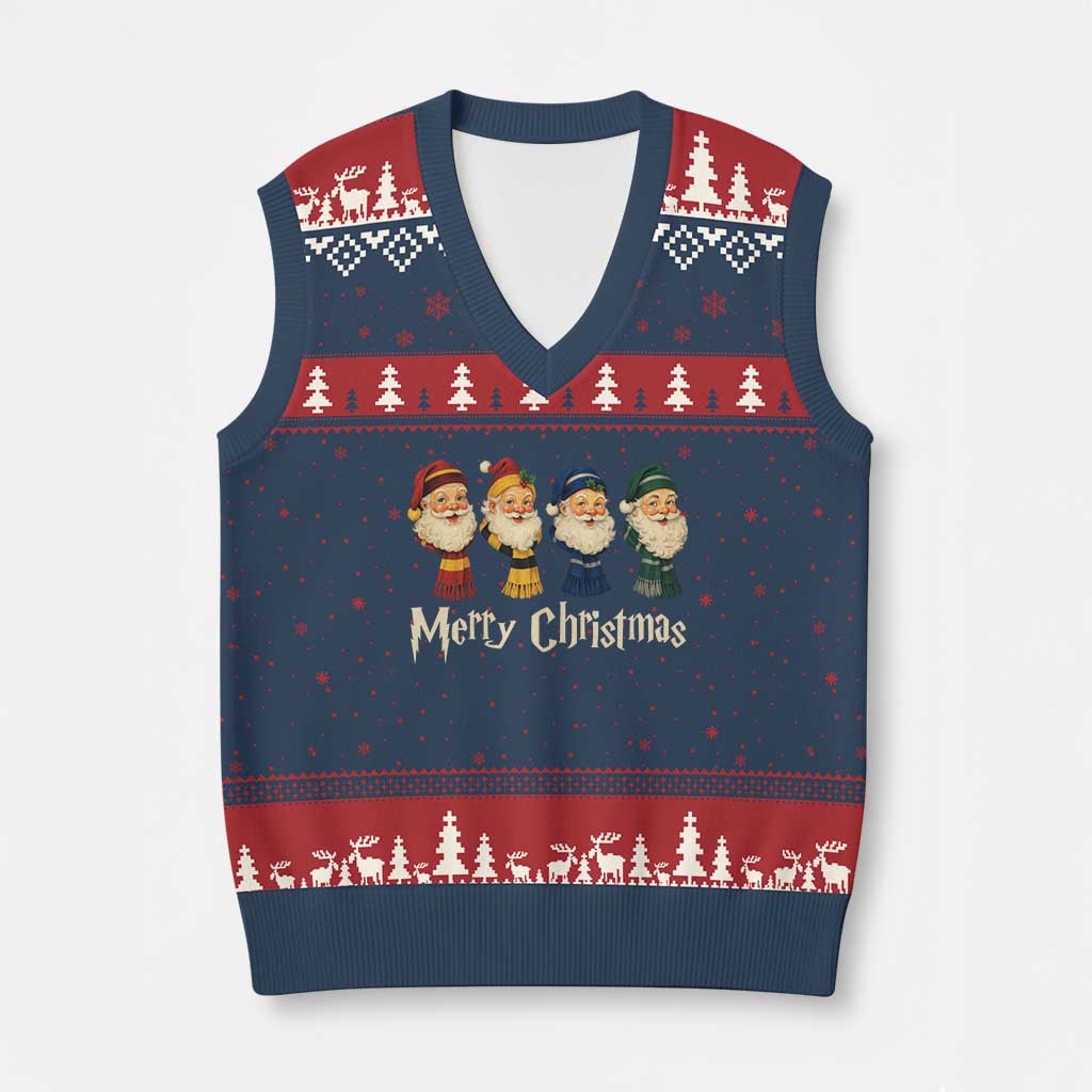 Merry Xmas Santa V-Neck Knit Sweater Vest Vintage Wizard Holiday Season Cute Family Pajama - Wonder Print Shop