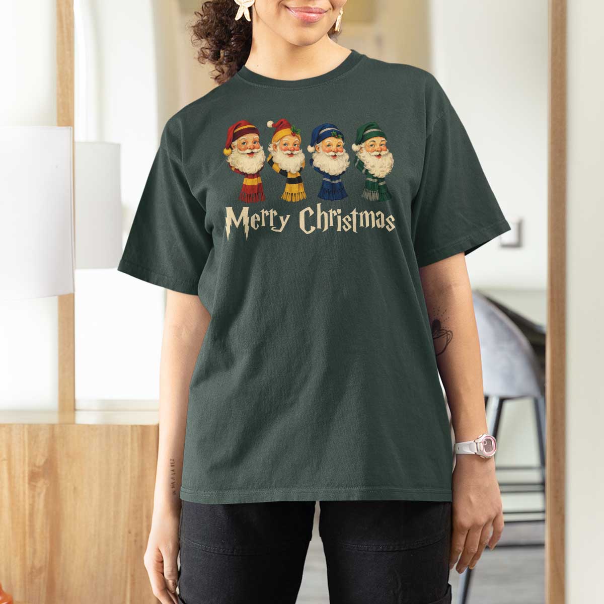 Merry Christmas Santa T Shirt For Women Vintage Wizard Holiday Season Cute Family Pajama - Wonder Print Shop