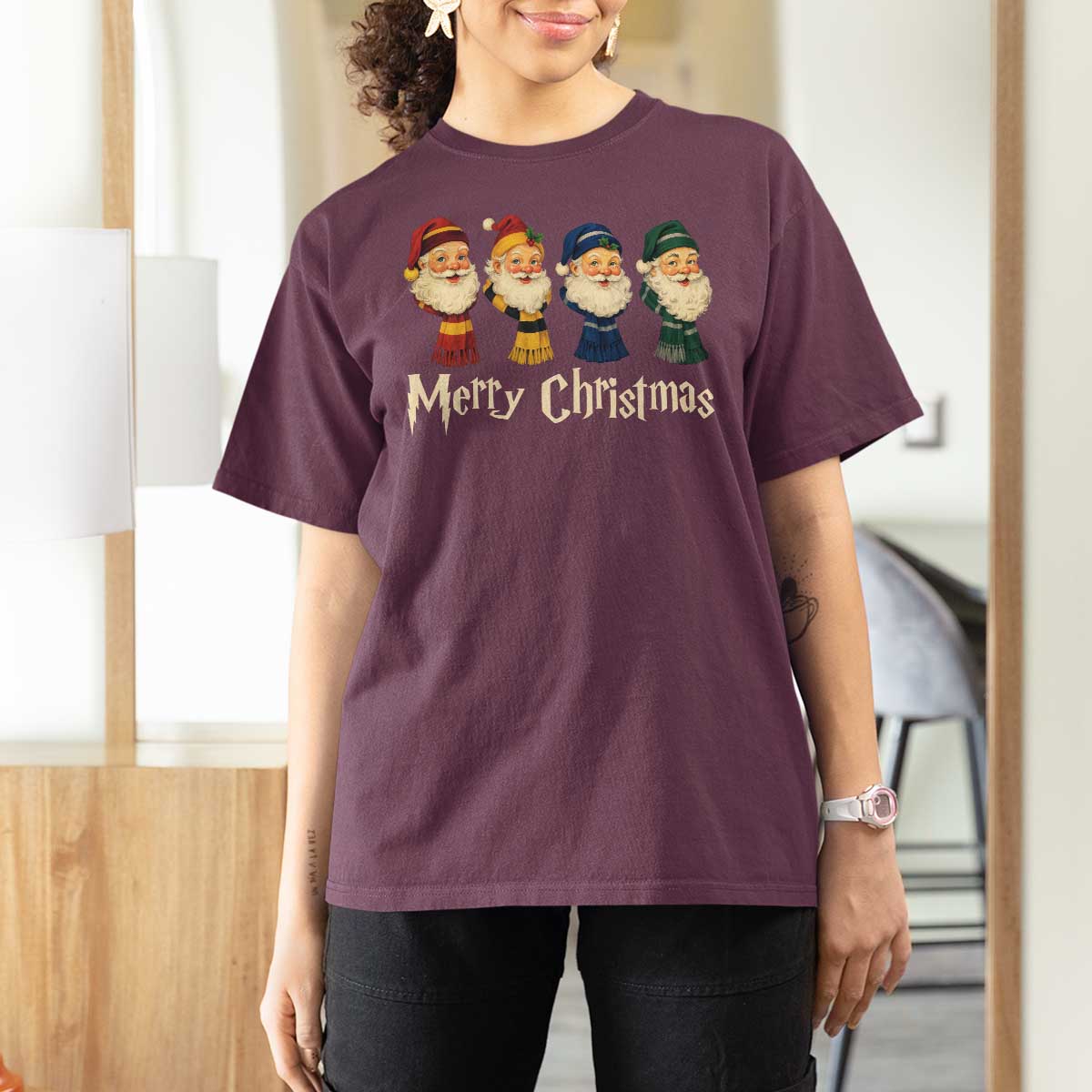 Merry Christmas Santa T Shirt For Women Vintage Wizard Holiday Season Cute Family Pajama - Wonder Print Shop